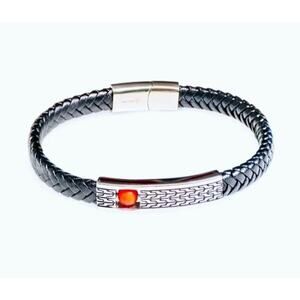 Jean Claude Mens Bracelet DELL ARTE 8 inch Stainless Steel‎ Leather Red Bead NWT